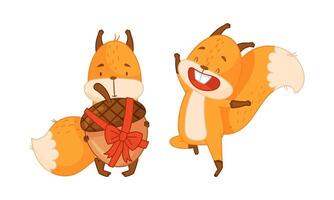 Adorable funny red squirrel forest animal in different actions set cartoon illustration vector