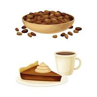 Cocoa products set. Cocoa beans, pie and hot chocolate illustration vector