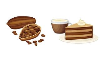 Cocoa products set. Dried beans, chocolate cake, cup of hot drink illustration vector