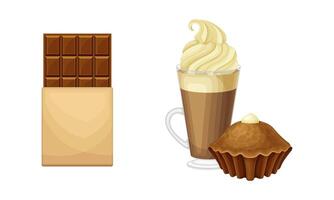 Cocoa products set. Sweet chocolate bar, ice cream and muffin illustration vector