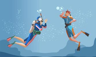 People dressed wetsuit scuba diving and snorkeling. Man and woman in swimsuits performing water activities illustration vector