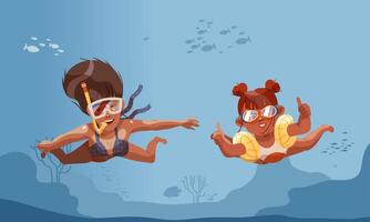 Happy boy and giel scuba divers exploring sea depth and fishes. Underwater swiming illustration vector