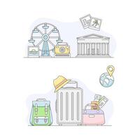 Travel and vacation symbols set. Ferris wheel, suitcase and attractions, tourism and journey objects line illustration vector