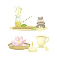 Spa objects set. Aromatic reed diffuser, pebble stones, lotus flower, burning candle. Beauty routine and skin care illustration vector