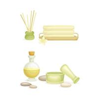 Spa objects set. Aromatic reed diffuser, towel, bottle of oil, mortar and pestle. Beauty routine and skin care illustration vector