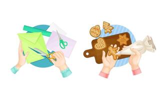 Craft hobbies set. View from above of human hands creating crafts. People cutting paper and baking gingerbread cookies cartoon illustration vector