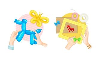 Craft hobbies set. View from above of human hands creating crafts. Modeling from balloons and frame making and decoration cartoon illustration vector