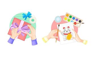 Craft hobbies set. View from above of human hands creating crafts. Box decor and painting cartoon illustration vector