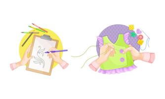 Craft hobbies set. View from above of human hands creating crafts. Drawing and needlework cartoon illustration vector