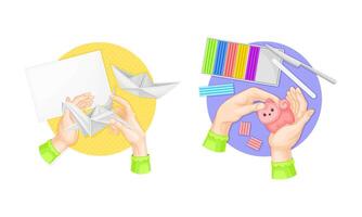 Craft hobbies set. View from above of human hands creating crafts. Origami and plasticine modeling cartoon illustration vector