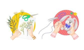 Craft hobbies set. View from above of human hands creating crafts. People making soft toys and collecting of herbarium cartoon illustration vector