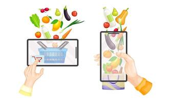 Online shopping in grocery store from smartphone app. E-commerce concept cartoon illustration vector