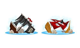 Shipwreck of pirate ships set. Vessels with black and red sails sinking in the sea, ocean cartoon illustration vector