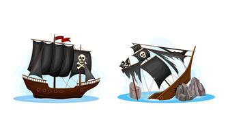 Pirate ships set. Vessel with black sails sinking in the ocean cartoon illustration vector