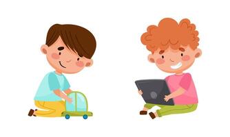 Cute little girls playing with toy car and using tablet PC device cartoon illustration vector