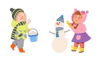 Kids winter activities set. Happy boy and girl in warm clothes making snowman and and playing snowballs cartoon illustration vector