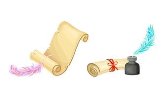 Old parchment scroll, quill pen and inkwell set illustration vector