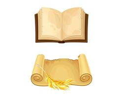 Old parchment paper scroll and opened book set illustration vector
