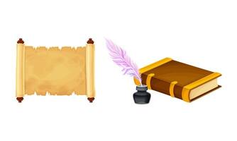 Old parchment paper scroll, opened book, quill pen and inkwell set illustration vector