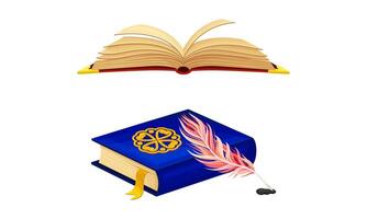 Opened and closed old books and quill pen set. Education, ancient literature and library illustration vector