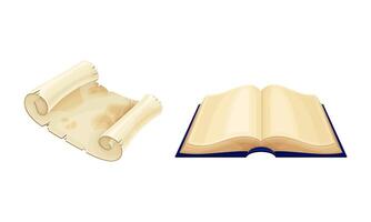 Ancient parchment scroll and opened old book set illustration vector