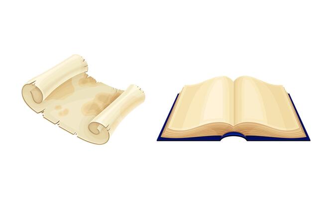 Ancient parchment scroll and opened old book set illustration