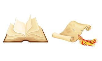 Antique parchment paper scroll and opened book set illustration vector