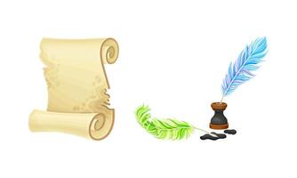 Antique parchment scroll, quill pen and inkwell set illustration vector