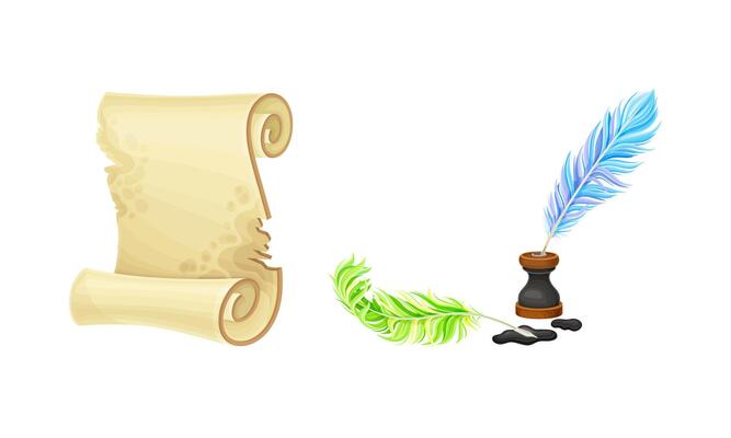 Antique parchment scroll, quill pen and inkwell set illustration