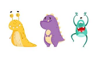 Happy colorful funny monsters set. Cute smiling monster and alien cartoon characters illustration vector