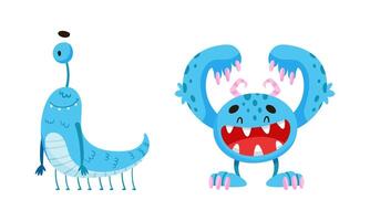 Cute joyful monsters. Happy funny toothy monster and alien cartoon characters illustration vector
