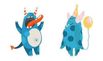 Cute monsters in different actions set. Funny toothy monster characters cartoon illustration vector
