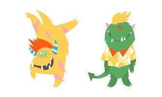 Cute monsters in different actions set. Funny joyful toothy monster characters cartoon illustration vector