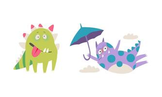Cute monsters in different actions set. Funny toothy monster character flying with umbrella cartoon illustration vector