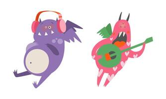 Cute monsters in different actions set. Funny toothy monster characters listening music and singing cartoon illustration vector