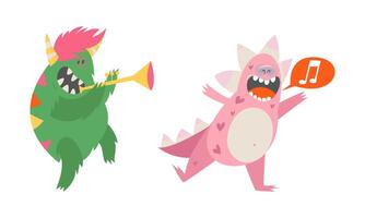 Cute monsters in different actions set. Funny toothy monster characters playing trumpet and singing cartoon illustration vector