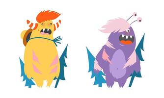 Cute monsters in different actions set. Funny toothy monster characters expressing emotions cartoon illustration vector