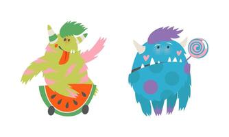 Cute funny toothy monsters in different actions cartoon illustration vector