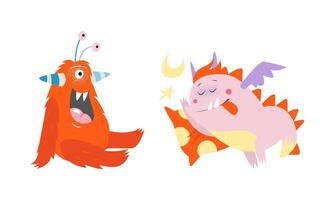 Cute monsters in different actions set. Funny toothy monster characters sitting and sleeping cartoon illustration vector