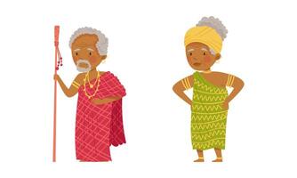 Native American indians set. Elderly native americans in traditional clothes cartoon illustration vector