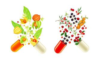 Vitamins and supplements. Open capsules with herbs and berries splashes illustration vector