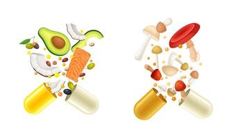 Vitamins and supplements. Open capsules with fruit, nuts and mushrooms splash illustration vector
