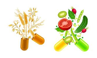 Vitamins and supplements. Open capsules with cereals and vegetables splash illustration vector