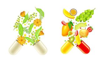 Vitamins and supplements. Open capsules with fruit, herbs and berries splashes illustration vector