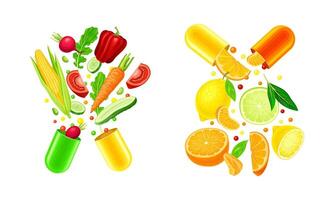 Vitamins and supplements. Open capsules with fruit and vegetables splashes illustration vector
