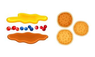 Tasty pancakes, maple syrup, honey and berry topping set illustration vector