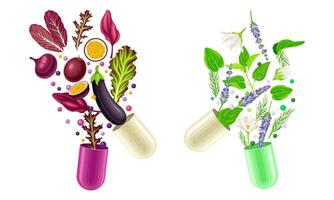 Vitamins and supplements. Open capsules with fruit, vegetables and herbs splash illustration vector