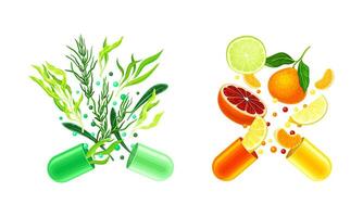 Vitamins and supplements. Open capsules with fruit and herbs splash illustration vector