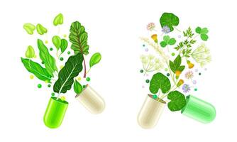 Vitamins and supplements. Open capsules with herbs illustration vector