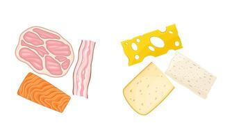 Ingredients for sandwich cooking. Bacon, ham, salmon fish and bread slices illustratio vector